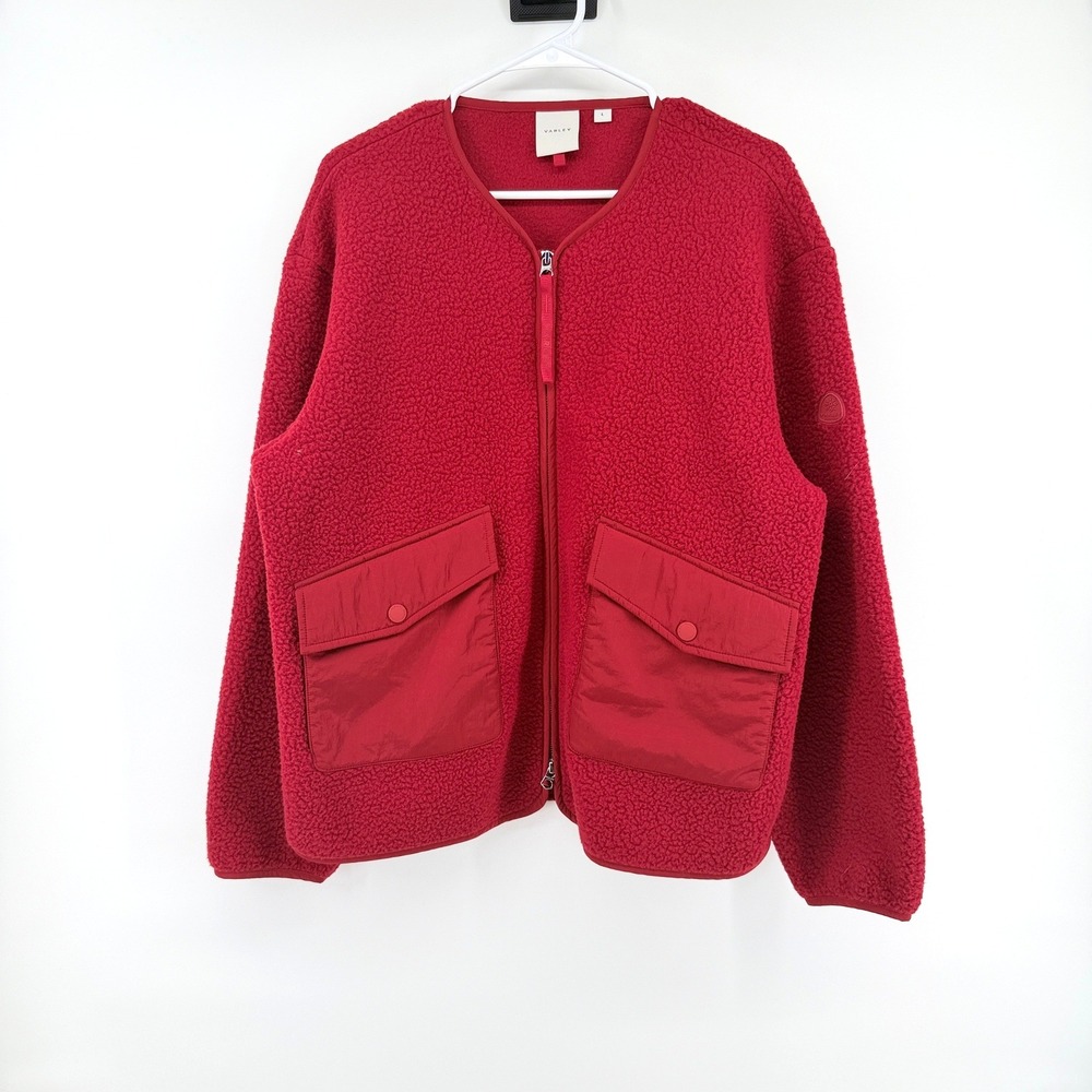 Varley Marina Collarless Fleece Jacket Sherpa Large Red Womens Teddy Zip Up Coat